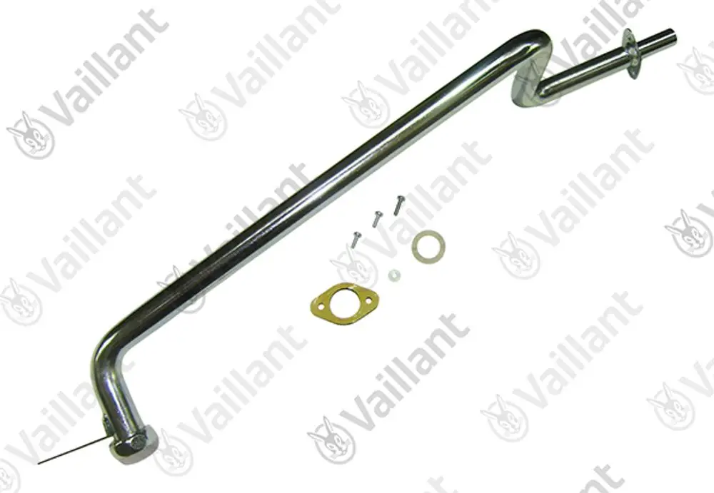Vaillant Gasrohr mit mehreren Befestigungsteilen und Dichtungen, für den Einsatz in Heizsystemen. Edelstahl-Oberfläche, gebogene Form mit Anschlüssen.